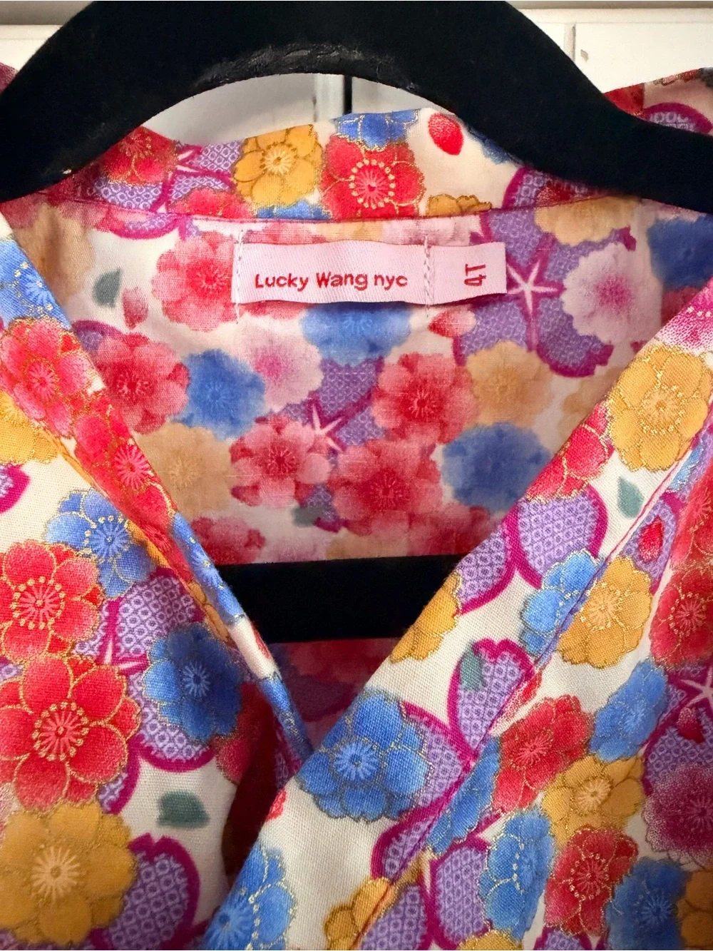Lucky Wang NYC Floral Wrap Top in Pink, Yellow & Blue